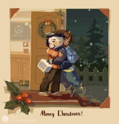 Rule 34 | 2boys, backpack, bag, beard, black eyes, black hair, black jacket, blue bag, blue pants, bright pupils, brown footwear, brown hair, brown pants, cake, cassidy (overwatch), chengongzi123, christmas, christmas wreath, closed eyes, closed mouth, commentary, deformed, door, english commentary, english text, facial hair, fence, food, full body, gift, hanzo (overwatch), highres, holding, holly, hug, indoors, jacket, lofter username, long sleeves, male focus, merry christmas, multiple boys, mutual hug, open mouth, orange sweater, overwatch, pants, pine tree, short hair, slippers, snow, snowing, standing, sweater, tree, undercut, white pupils, winter, wreath