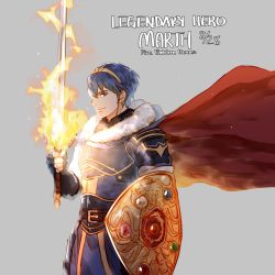 Rule 34 | 1boy, alternate costume, armor, blue eyes, blue hair, cape, character name, copyright name, dated, english text, fire, fire emblem, fire emblem: mystery of the emblem, fire emblem heroes, flaming sword, flaming weapon, gloves, headband, highres, holding, holding sword, holding weapon, krazehkai, male focus, marth (fire emblem), nintendo, shield, short hair, smile, solo, sword, tiara, weapon