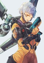 Rule 34 | 1girl, absurdres, alternator, animification, apex legends, bodysuit, from side, grey background, gun, head tilt, headset, highres, holding, holding gun, holding weapon, jetpack, looking to the side, open mouth, orange bodysuit, short hair, smile, solo, submachine gun, t amayuki b, valkyrie (apex legends), weapon, white hair