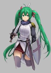 Rule 34 | 1girl, ahoge, bad id, bad pixiv id, derivative work, fingerless gloves, gloves, green eyes, green hair, grey background, hatsune miku, long hair, matching hair/eyes, momo (472502759), scabbard, sheath, shield, simple background, skirt, smile, solo, sword, thighhighs, twintails, very long hair, vocaloid, weapon