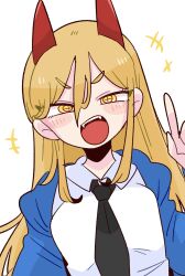Rule 34 | 1girl, black necktie, blonde hair, blue jacket, blush, chainsaw man, collared shirt, demon horns, highres, horns, jacket, long hair, looking at viewer, motion lines, necktie, op na yarou, open mouth, power (chainsaw man), red horns, sharp teeth, shirt, simple background, solo, sparkle, teeth, upper body, white background, white shirt, yellow eyes