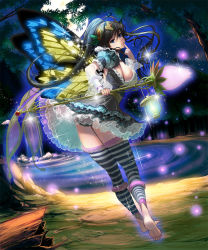 Rule 34 | 1girl, antennae, ass, bad id, bad pixiv id, barefoot, bent over, black dress, black hair, black panties, blue eyes, breasts, butterfly wings, detached sleeves, dress, fairy, female focus, finger to mouth, flower, forest, full body, full moon, glowing, hair ornament, highres, insect wings, kouno (masao), lake, lantern, large breasts, long hair, long sleeves, looking at viewer, looking back, moon, mountain, multicolored wings, nature, no bra, original, panties, polearm, ponytail, puffy short sleeves, puffy sleeves, sash, see-through, short sleeves, sideboob, sky, solo, sparkle, star (sky), starry sky, striped clothes, striped thighhighs, thighhighs, thighs, toeless legwear, toes, underwear, upskirt, very long hair, water, waterfall, weapon, wide sleeves, wings, wrist cuffs, zettai ryouiki