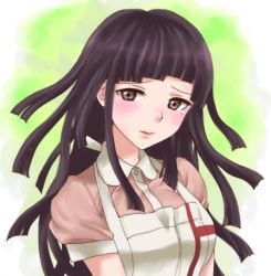 Rule 34 | 1girl, apron, black hair, blush, breasts, closed mouth, collared shirt, commentary request, danganronpa (series), danganronpa 2: goodbye despair, dosugon, large breasts, long hair, looking at viewer, mole, mole under eye, pink eyes, pink shirt, puffy short sleeves, puffy sleeves, shirt, short sleeves, tsumiki mikan, upper body, white apron, white background, yellow background