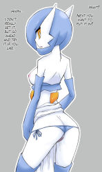Rule 34 | 1girl, alternate color, animal, arched back, ass, back, blue hair, blue panties, blue skin, blush, boots, breasts, clothes lift, clothing aside, colored skin, creatures (company), dress, dripping, eyebrows, game freak, gardevoir, gen 3 pokemon, grey background, hard-translated, highres, ikanomaru, looking back, nintendo, nipples, no humans, open mouth, orange eyes, panties, panties aside, panty pull, pokemon, pussy, pussy juice, red eyes, shiny pokemon, short hair, side-tie panties, simple background, skirt, skirt lift, solo, standing, third-party edit, thong, translated, uncensored, underwear, white skin, yellow eyes