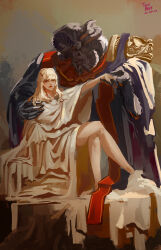 Rule 34 | 2boys, absurdres, aged up, black claws, black horns, black robe, black skin, blonde hair, colored skin, crossed legs, demon, elden ring, extra horns, hand on another&#039;s shoulder, height difference, highres, holding hands, horns, looking at viewer, miquella (elden ring), missing eye, mohg lord of blood, multiple boys, multiple horns, red eyes, red sash, robe, sash, size difference, tedbeer, white robe, yellow eyes