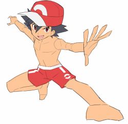Rule 34 | &gt;:d, 1boy, :d, ash ketchum, birthmark, black hair, boxers, brown eyes, creatures (company), game freak, hat, leg up, looking at viewer, male focus, male underwear, nintendo, open mouth, outstretched arm, outstretched arms, outstretched hand, poke ball, poke ball symbol, pokemon, pokemon (anime), pokemon xy (anime), red eyes, saitou naoki, shoes, short hair, simple background, sketch, smile, solo, spread arms, underwear, underwear only, v-shaped eyebrows, white background