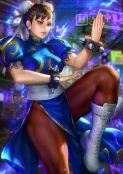 Rule 34 | 1girl, boots, breasts, brown eyes, brown hair, capcom, chun-li, commentary, double bun, gloves, hair bun, knee boots, leg lift, lips, medium breasts, neoartcore, neon lights, pantyhose, parted lips, short hair, solo, spiked gloves, street fighter, thick thighs, thighs, white footwear