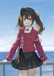 Rule 34 | 1girl, black skirt, blue sky, brown eyes, brown hair, cloud, collared shirt, commentary request, day, dress shirt, highres, horizon, japanese clothes, kantai collection, kariginu, long hair, magatama, nito (nshtntr), ocean, open mouth, outdoors, pleated skirt, railing, red shirt, ryuujou (kancolle), shirt, skirt, sky, smile, solo, standing, twintails, visor cap, white shirt