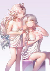 Rule 34 | 2girls, absurdres, blue eyes, breasts, cleavage, commentary, feet out of frame, hair brush, highres, large breasts, leon v, long hair, looking at another, medium breasts, multiple girls, naked towel, original, sitting, standing, symbol-only commentary, towel, white hair, yellow eyes