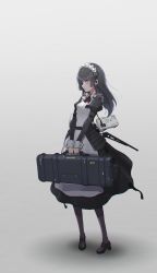 Rule 34 | 1girl, absurdres, bag, black footwear, black hair, commentary request, full body, highres, holding, holding bag, maid, maid headdress, oota youjo, original, purple eyes, solo, standing
