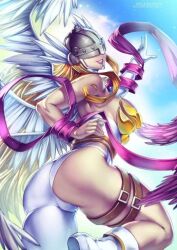 Rule 34 | 1girl, angel, angel girl, angewomon, ass, breasts, digimon, digimon (creature), head wings, long hair, mask, solo, wings