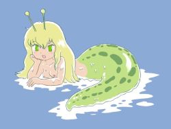 Rule 34 | 1girl, antennae, blonde hair, blue background, breasts, female focus, green eyes, head rest, long hair, lying, monster girl, nipples, nude, on stomach, open mouth, pukao, slime (substance), slug, slug girl, small breasts, snail, solo