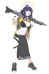 Rule 34 | 1girl, ahoge, behalter, black footwear, black gloves, blue eyes, breasts, commentary, cross, forked tongue, full body, gloves, gun, half-skirt, half gloves, halo, highres, holding, holding gun, holding weapon, jacket, large breasts, long hair, looking at viewer, machine gun, navel, open mouth, original, piercing, purple hair, shoes, simple background, slit pupils, sneakers, solo, strap, teeth, tongue, tongue out, tongue piercing, upper teeth only, weapon, white background, zipper