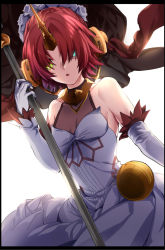 Rule 34 | 1girl, blue eyes, cleavage, dress, fate/apocrypha, fate (series), frankenstein&#039;s monster (fate), hair over eyes, heterochromia, highres, horns, mace, pink hair, see-through, see-through cleavage, single horn, solo, weapon, ycco (estrella), yellow eyes