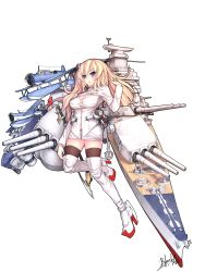 Rule 34 | 1girl, absurdres, battleship, blackaz, blonde hair, breasts, female focus, hair ribbon, highres, large breasts, mecha musume, military, military vehicle, miniskirt, navy, original, personification, ribbon, ship, simple background, skirt, solo, sword, thighhighs, united states, uss iowa (bb-61), warship, watercraft, weapon, white background, zettai ryouiki