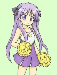 Rule 34 | 00s, 1girl, artist request, blue eyes, cheerleader, green background, hiiragi kagami, long hair, looking at viewer, lucky star, pom pom (cheerleading), purple hair, short sleeves, solo, tagme, twintails