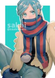Rule 34 | 1boy, aqua background, aqua eyes, aqua hair, blue footwear, boots, border, commentary request, creatures (company), eyelashes, fur trim, game freak, green background, grusha (pokemon), highres, jacket, long sleeves, looking at viewer, male focus, mittens, nintendo, pants, poke ball print, pokemon, pokemon sv, sakai (motomei), scarf, scarf over mouth, solo, striped clothes, striped scarf, watermark, white border, yellow jacket