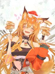 Rule 34 | 1girl, alansmi4, animal ears, arknights, bare shoulders, birthday, blush, brown hair, ceobe (arknights), ceobe (summer flowers) (arknights), dog ears, dog girl, dog tail, drooling, fang, food, fork, holding, holding fork, honey, long hair, mushroom, official alternate costume, open mouth, saliva, skin fang, solo, swimsuit, tail