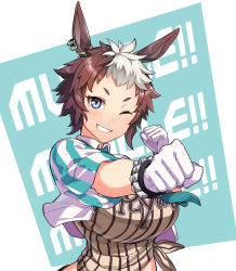 Rule 34 | 1girl, animal ears, arm up, blush, bracelet, breasts, brown hair, commentary request, crop top, ear piercing, earrings, gloves, grin, hair ornament, highres, horse ears, horse girl, horse tail, jewelry, large breasts, looking at viewer, mejiro ryan (umamusume), multicolored hair, one eye closed, piercing, punching, purple eyes, shirt, short hair, short sleeves, simple background, smile, solo, striped clothes, striped shirt, tail, tied shirt, tsukinami kousuke, two-tone hair, umamusume, white gloves, white hair