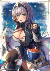 Rule 34 | 1girl, :d, absurdres, amane sora, balloon, banner, belt, black gloves, blue sky, breasts, chest guard, chopsticks, cleavage, cloud, cloudy sky, commentary request, cowboy shot, day, fingerless gloves, food, gloves, green eyes, grey hair, gyuudon, highres, hololive, large breasts, milestone celebration, mole, mole on breast, on one knee, open mouth, pelvic curtain, pouch, shirogane noel, shirogane noel (1st costume), short hair, sky, smile, solo, twitter username, vambraces, virtual youtuber