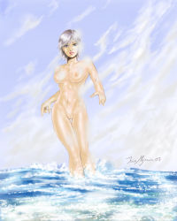 Rule 34 | 1girl, blue eyes, breasts, christie (doa), dead or alive, jose mojica, large breasts, nipples, nude, ocean, pubic stubble, short hair, solo, tecmo, uncensored, white hair