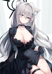 Rule 34 | 1girl, ahoge, animal ear fluff, animal ears, black choker, black dress, black gloves, black jacket, blue archive, blue eyes, breasts, choker, cleavage, clothes lift, collarbone, covered navel, cropped jacket, dress, dress lift, gloves, hair ornament, halo, highres, jacket, large breasts, lifted by self, long hair, long sleeves, looking at viewer, no bra, open clothes, open jacket, parted lips, shiroko (blue archive), shiroko terror (blue archive), sitting, skindentation, solo, strapless, strapless dress, thigh strap, thighs, very long hair, white hair, wolf ears, yon (letter)