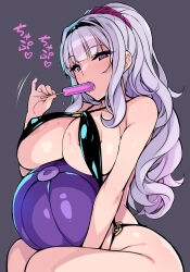 Rule 34 | 1girl, areola slip, ball, black one-piece swimsuit, breasts, commentary request, food, food in mouth, hidebou, highres, idolmaster, idolmaster (classic), long hair, looking at viewer, one-piece swimsuit, ponytail, popsicle, popsicle in mouth, purple eyes, purple hair, shijou takane, sideboob, simple background, solo, swimsuit