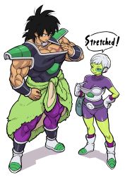 Rule 34 | 10s, 1boy, 1girl, absurdres, alien, armor, belt, biceps, black hair, boots, bracer, breasts, broly (dragon ball super), cheelai, clothes pull, colored skin, dragon ball, dragon ball super, dragon ball super broly, full body, gloves, green skin, hand on own hip, highres, kakuzatou (satousatotototo), muscular, pants, pelt, purple pants, scar, scouter, short hair, shorts, simple background, sleeveless, smile, spiked hair, standing, white background, white gloves