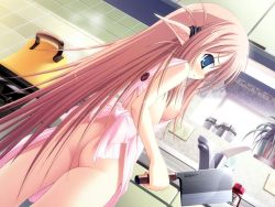 Rule 34 | 1girl, apron, ass, blue eyes, blush, breasts, cleaver, cooking, elf, familiar spirit!!, game cg, long hair, naked apron, nipples, pink hair, pointy ears, skyfish, solo
