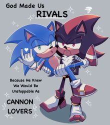 Rule 34 | 2boys, aqua eyes, black fur, blue fur, commentary, english commentary, english text, frown, furry, furry male, furry with furry, heart, highres, lifting person, looking at viewer, male focus, multiple boys, pichichustudio, pink eyes, shadow the hedgehog, simple background, sonic (series), sonic prime, sonic the hedgehog, spoilers, yaoi