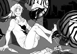 Rule 34 | 1boy, ass, barefoot, blush, booty electric, bottomless, feet, licking foot, foot worship, headphones, licking, male focus, megami tensei, monochrome, monster, outdoors, persona, persona 4, sitting, soles, tickling, toes, tongue, undressing