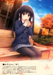 Rule 34 | 1girl, absurdres, black hair, black pantyhose, blue jacket, brown eyes, coffee-kizoku, day, grey skirt, highres, jacket, k-on!, long hair, miniskirt, nakano azusa, outdoors, pantyhose, parted lips, partially translated, pleated skirt, school uniform, sitting, skirt, solo, translation request, tree, twintails