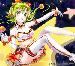 Rule 34 | 1girl, breasts, copyright name, detached sleeves, gloves, green eyes, green hair, gumi, headphones, keepout, large breasts, looking at viewer, matching hair/eyes, miniskirt, short hair with long locks, skirt, smile, solo, soramu, star (symbol), thighhighs, vocaloid, white gloves, white thighhighs