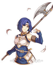 Rule 34 | 1girl, armor, blue eyes, blue hair, bob cut, breastplate, catria (fire emblem), elbow gloves, feathers, fire emblem, fire emblem: mystery of the emblem, fire emblem: new mystery of the emblem, fire emblem: shadow dragon, fire emblem: shadow dragon and the blade of light, fire emblem echoes: shadows of valentia, fire emblem gaiden, gloves, gzei, halberd, headband, holding, holding weapon, nintendo, polearm, simple background, solo, weapon, white background