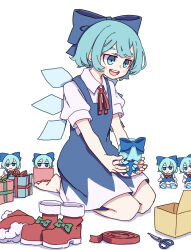Rule 34 | 1girl, absurdres, blue bow, blue dress, blue eyes, blue hair, blush stickers, boots, bow, character doll, cirno, collared shirt, dress, fairy, fumo (doll), hair bow, hat, highres, ice, ice wings, kame (kamepan44231), one-hour drawing challenge, open mouth, pom pom (clothes), red footwear, red hat, santa hat, scissors, shirt, short hair, short sleeves, simple background, smile, solo, teeth, touhou, upper teeth only, white background, white shirt, wings