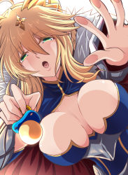 Rule 34 | 1girl, ahoge, artoria pendragon (fate), artoria pendragon (lancer) (fate), bare shoulders, blonde hair, blush, braid, breasts, cape, cleavage, crown, fate/grand order, fate (series), from below, fujitaka nasu, fur-trimmed cape, fur trim, green eyes, hair between eyes, heattech leotard, large breasts, leotard, long hair, looking at viewer, open mouth, pacifier, red cape, sidelocks, solo, turtleneck