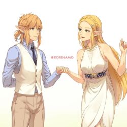 Rule 34 | 1boy, 1girl, arm behind back, black necktie, blonde hair, blue shirt, braid, brown pants, collared shirt, contemporary, crown braid, dress, earrings, eorinamo, gradient background, hair ornament, hairclip, hand up, holding hands, jewelry, korean commentary, link, long hair, looking at another, medium hair, necklace, necktie, nintendo, pants, parted bangs, pointy ears, princess zelda, shirt, short ponytail, simple background, sleeveless, sleeveless dress, the legend of zelda, the legend of zelda: breath of the wild, tie clip, twitter username, vest, white background, white dress, white vest