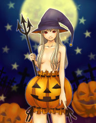 Rule 34 | 1girl, ayumi k, blonde hair, brown eyes, censored, convenient censoring, hair censor, hair over breasts, halloween, hat, jack-o&#039;-lantern, moon, polearm, pumpkin, pumpkin pants, solo, spear, topless, trident, weapon, witch hat
