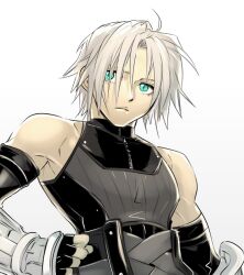 1boy ahoge aiz00 aqua_eyes arm_armor black_gloves commentary_request detached_sleeves final_fantasy final_fantasy_vii final_fantasy_vii_ever_crisis fingerless_gloves gloves gradient_background grey_hair light_frown male_focus sephiroth sephiroth_(edged_wings) sephiroth_(young) short_hair simple_background sleeveless sleeveless_turtleneck slit_pupils solo toned toned_male turtleneck upper_body white_background