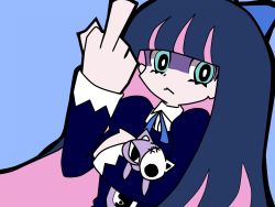 Rule 34 | animal ears, artist request, blue background, blue dress, blue hair, blunt bangs, bow, cat ears, doll, dress, goth fashion, hair bow, hand up, highres, holding, holding doll, honekoneko (psg), long hair, long sleeves, looking at viewer, middle finger, multicolored hair, panty &amp; stocking with garterbelt, simple background, source request, stocking (psg), third-party edit