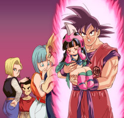 Rule 34 | 3boys, 3girls, age difference, age regression, aged down, android 18, angry, aqua eyes, aqua hair, aura, back turned, bad id, bad pixiv id, belt, black hair, blonde hair, blue eyes, blush, boots, breasts, bulma, chi-chi (dragon ball), cleavage, clenched teeth, clothes writing, couple, denim, dragon ball, dragonball z, gloves, gradient background, hand on head, helmet, high-waist pants, holding, husband and wife, jeans, kaio-ken, kuririn, multiple boys, multiple girls, muscular, origami (red), pants, pink footwear, purple background, son goku, super saiyan, teeth, time paradox, vegeta