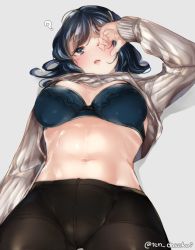 Rule 34 | 1girl, alternate costume, black pantyhose, blue bra, blue eyes, blue hair, blush, bra, breasts, grey background, juurouta, kantai collection, large breasts, long hair, lying, on back, open mouth, panties, panties under pantyhose, pantyhose, simple background, solo, souryuu (kancolle), sweater, underwear, white sweater