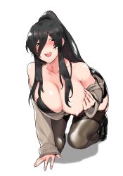 Rule 34 | 1girl, all fours, bad id, bad pixiv id, black bra, black eyes, black footwear, black hair, black skirt, black thighhighs, boots, bra, bra pull, breasts, brown sweater, clothes pull, collarbone, full body, garter straps, hair between eyes, high ponytail, highres, knee boots, large breasts, long hair, looking at viewer, mimyo, miniskirt, nail polish, nipples, open mouth, original, pencil skirt, pink nails, ribbed sweater, skirt, sleeves past wrists, smile, solo, strap pull, sweater, sweater pull, thighhighs, underwear, very long hair