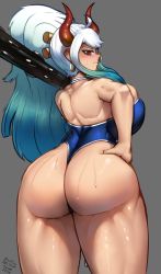 Rule 34 | 1girl, absurdres, ahoge, artist name, ass, back, blush, breasts, club (weapon), earrings, gradient hair, green hair, grey background, hand on own hip, highres, hoop earrings, horns, huge ass, huge breasts, jewelry, lewdssonk, looking at viewer, looking back, multicolored hair, one-piece swimsuit, one piece, ponytail, red eyes, sidelocks, solo, sweat, swimsuit, thick thighs, thighs, white hair, wide hips, yamato (one piece)