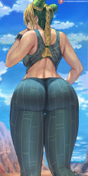 Rule 34 | 1girl, ass, bare shoulders, blonde hair, braid, double bun, from behind, green hair, hair bun, highres, jojo no kimyou na bouken, kuujou jolyne, looking at viewer, looking back, multicolored hair, parted lips, shexyo, short hair, solo, stone ocean, thick thighs, thighs