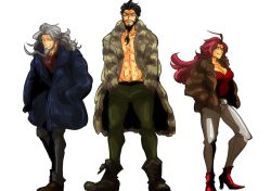Rule 34 | 10s, 1girl, 2boys, abs, bad id, bad twitter id, beard, black hair, boots, christopher columbus (fate), cigarette, coat, contemporary, edward teach (fate), facial hair, fate/extra, fate/grand order, fate (series), francis drake (fate), full body, fur coat, green pants, grey hair, groin, hands in pockets, long hair, multiple boys, mustache, pants, pink hair, red footwear, scar, shaketaraba, simple background, white background