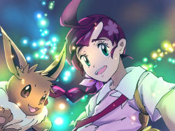 Rule 34 | 1girl, alternate costume, braid, chloe (pokemon), collared shirt, creatures (company), eevee, game freak, gen 1 pokemon, green eyes, hair ornament, hair scrunchie, long braid, long hair, looking at viewer, maroon hair, multicolored background, nintendo, open mouth, outstretched arm, pokemon, pokemon (anime), pokemon (creature), pokemon journeys, scrunchie, shirt, short sleeves, side braid, teeth, upper body, upper teeth only