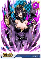 Rule 34 | 1girl, bare shoulders, bat (animal), bat (symbol), bat wings, black wings, breasts, bridal gauntlets, bustier, card, card game, claws, cleavage, demon girl, detached collar, digimon, digimon crusader, energy, eyeshadow, facial mark, female focus, hair bun, hair ornament, horns, large breasts, lilithmon, lipstick, makeup, multiple wings, nail polish, open mouth, pointy ears, seven great demon lords, sharp nails, single hair bun, tattoo, wings