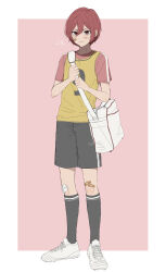 Rule 34 | 1boy, absurdres, aged down, bag, bandaid, bandaid on face, bandaid on knee, bandaid on leg, black shorts, blue lock, chigiri hyoma, cleats, closed mouth, frown, full body, highres, jersey, male focus, pink background, red eyes, red hair, red shirt, shinonome kanon (z l89m), shirt, shoes, short hair, short sleeves, shorts, shoulder bag, socks, solo, standing, tearing up, v-shaped eyebrows, white footwear, yellow shirt