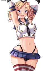 Rule 34 | 1girl, black hairband, black neckerchief, black panties, blonde hair, blue eyes, blue sailor collar, blue skirt, blush, breasts, crop top, drill hair, elbow gloves, gloves, grey background, hairband, highleg, highleg panties, highres, honolulu (kancolle), kantai collection, large breasts, long hair, looking at viewer, microskirt, mizuki (uzuki no sato), neckerchief, one-hour drawing challenge, open mouth, panties, sailor collar, shimakaze (kancolle), shimakaze (kancolle) (cosplay), skirt, solo, striped clothes, striped thighhighs, thighhighs, thong, twin drills, twitter username, underwear, white gloves
